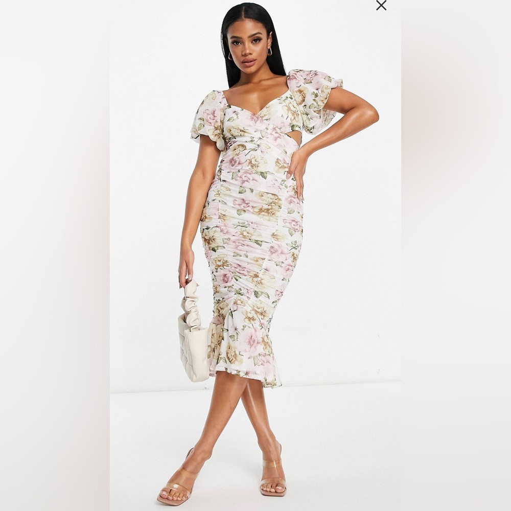 ASOS Design puff sleeve mesh ruched wrap around pephem midi dress